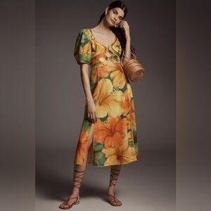 Farm Rio x Anthropologie Linen Blend Short-Sleeve Cutout Printed Midi Dress